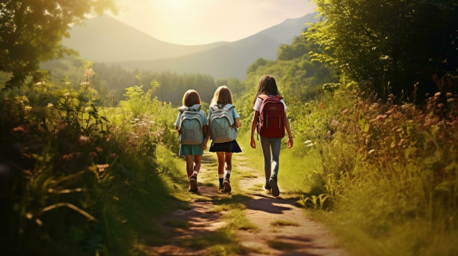 niños caminando en un camino que lleva mochilas foto