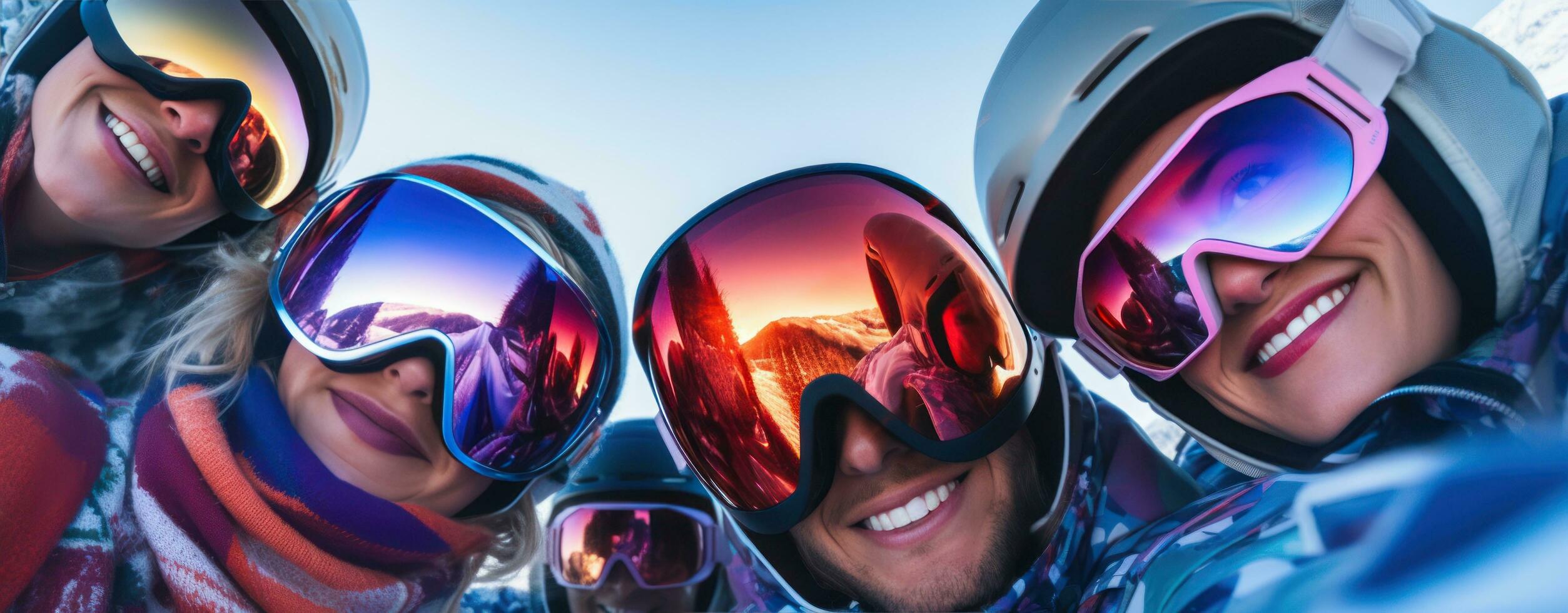 A group of skiers wearing ski goggles and gloves photo