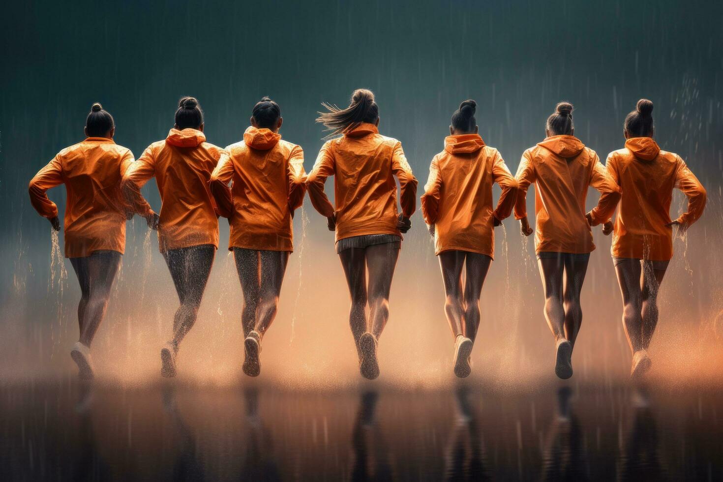 Female athletes taking a quick jog in the rain photo