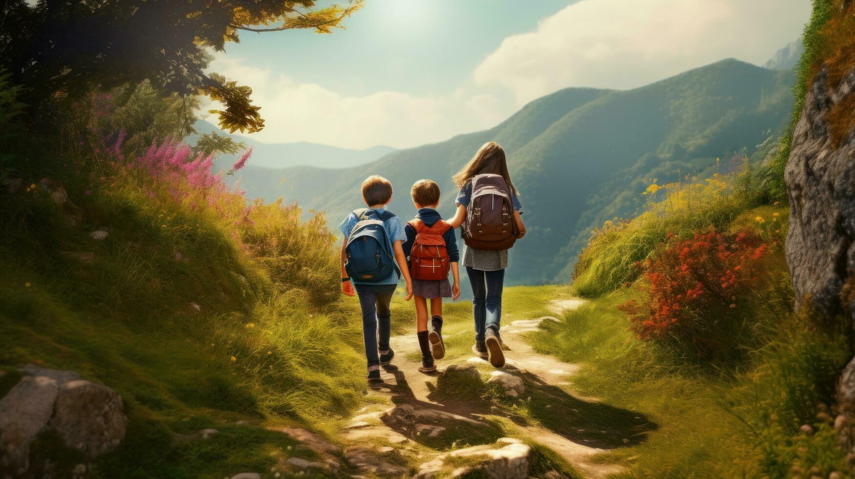 Children walking on a path carrying backpacks photo