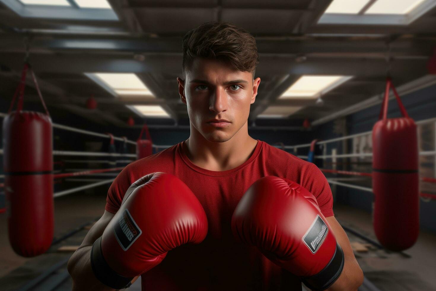 Professional boxer posing with his gloves on in the boxing ring photo