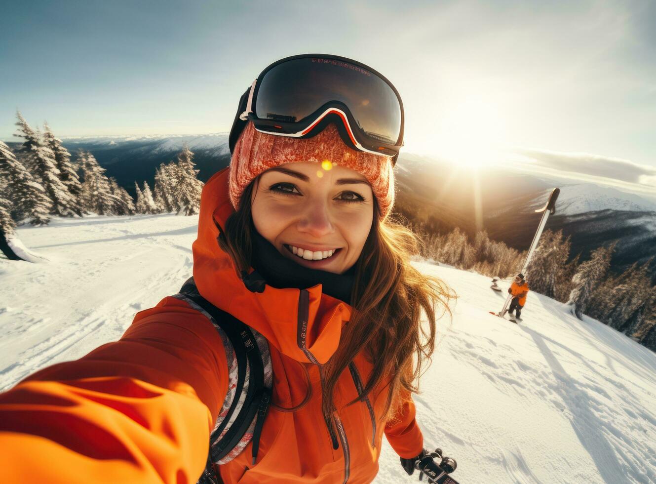 A woman wearing an orange jacket is selfieing on a snowy slope photo