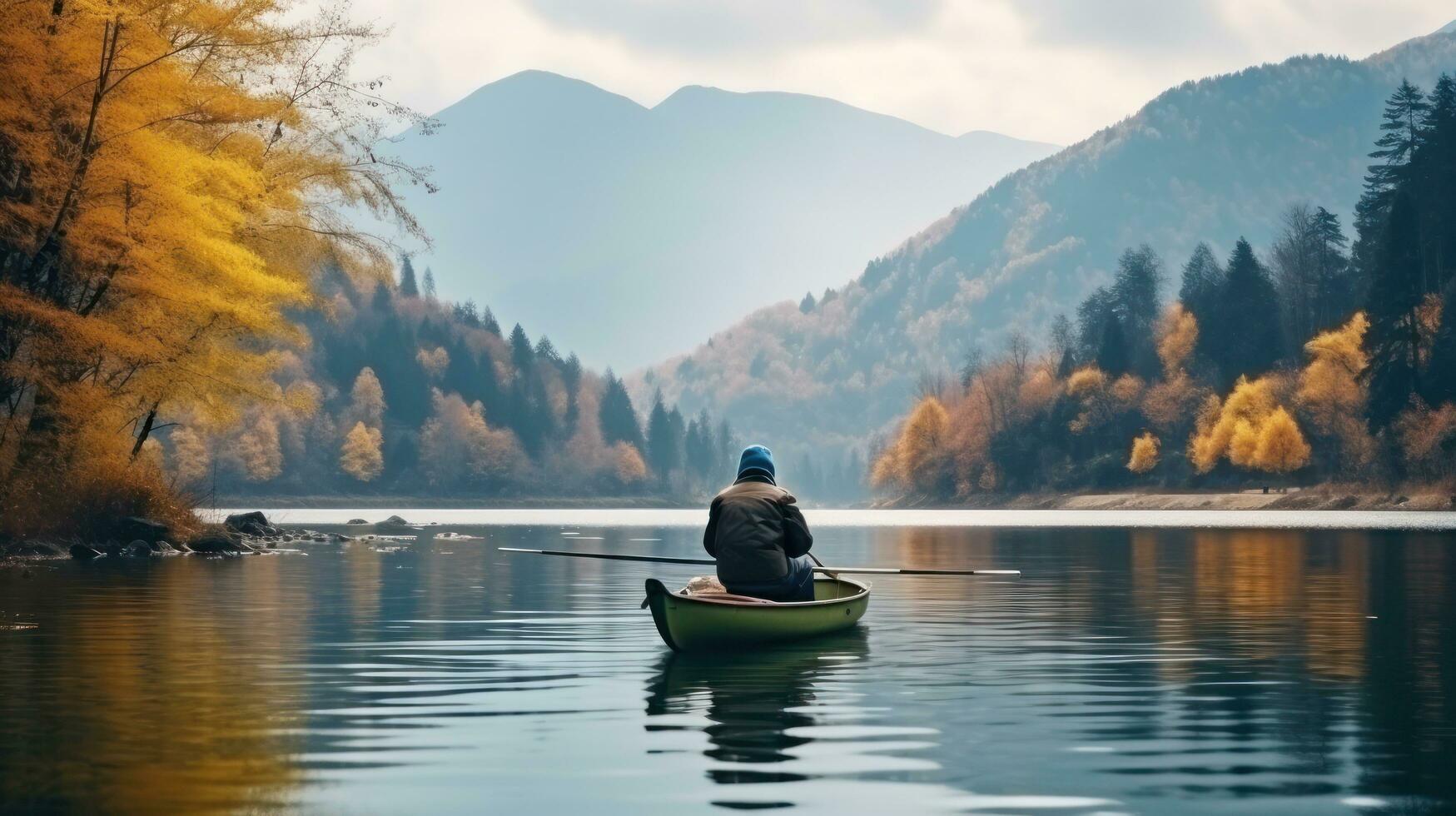 un antiguo hombre es pescar mientras sentado en un barco en el medio de un lago foto