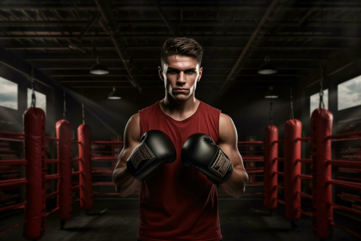 Professional boxer posing with his gloves on in the boxing ring photo