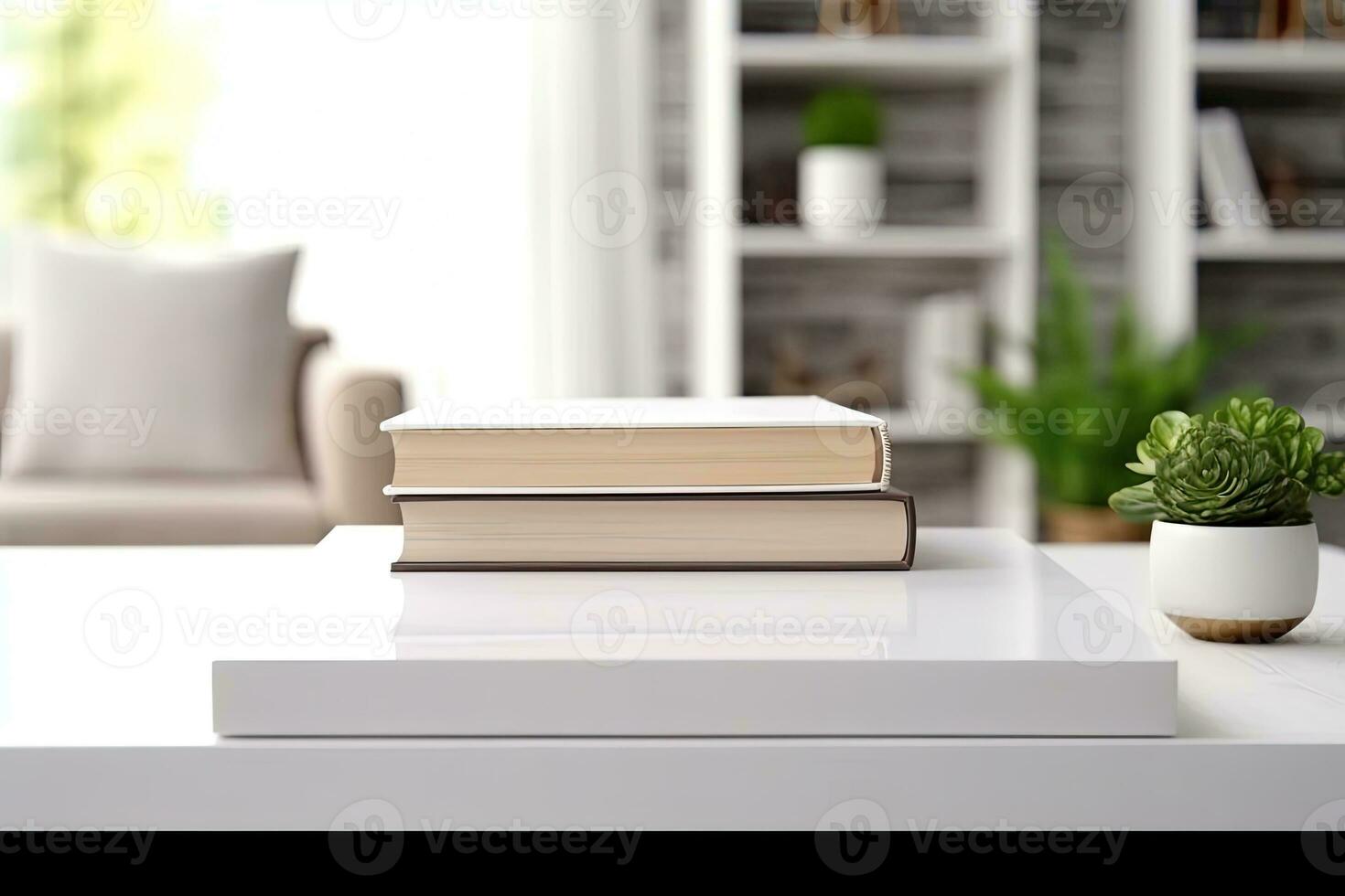 Close - up Modern white table top with free space to edit your product display with books above the living room blurred in the background. Generative AI photo