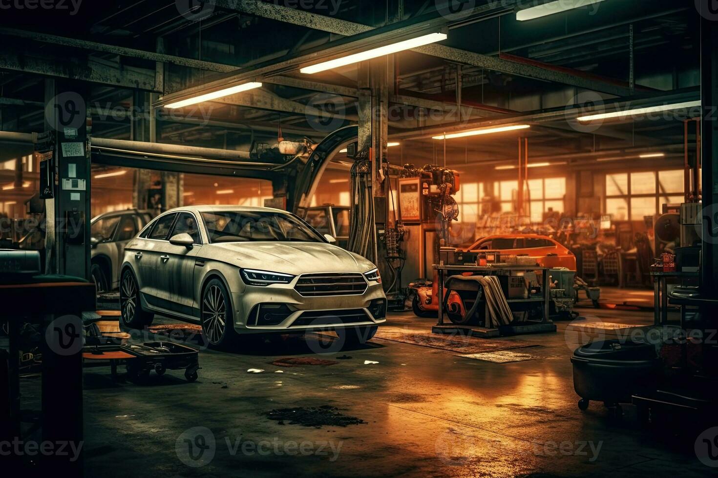 Car repair service. Auto mechanic repairing car in auto repair shop. Generative AI photo