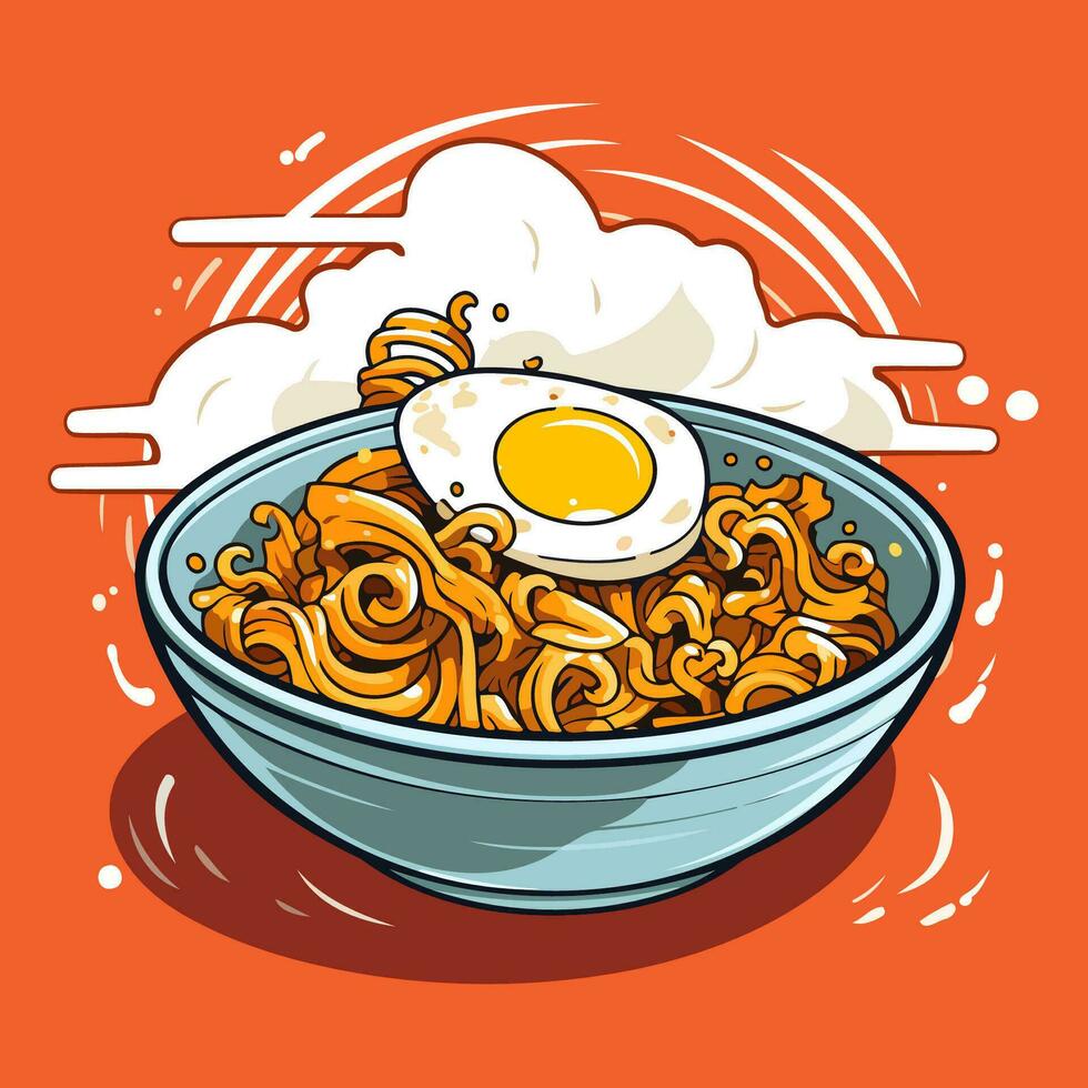 Bowl of noodle with fried egg. Hand drawn vector illustration.
