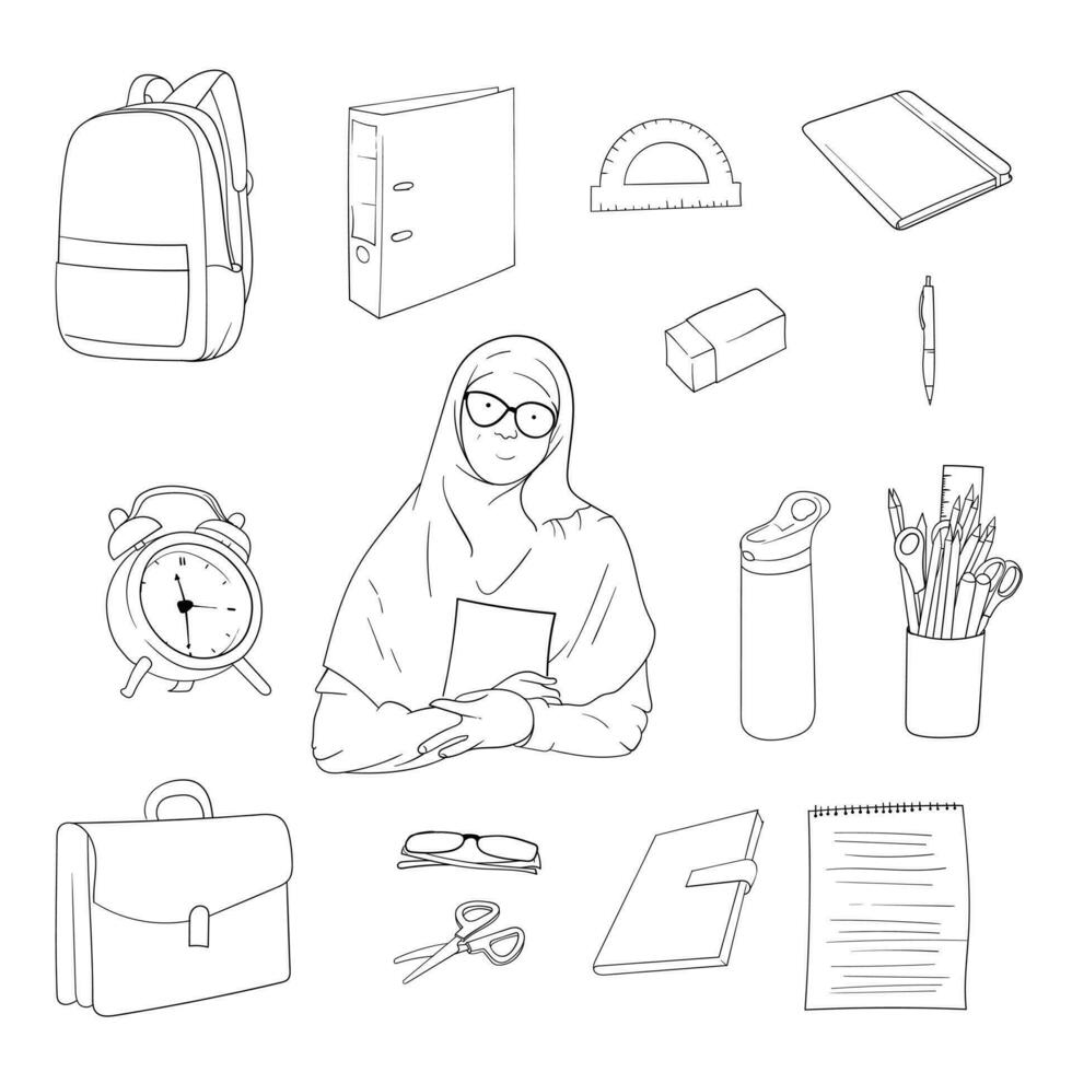 Line art of female teacher's and school supplies illustration for world teacher day campaign design vector