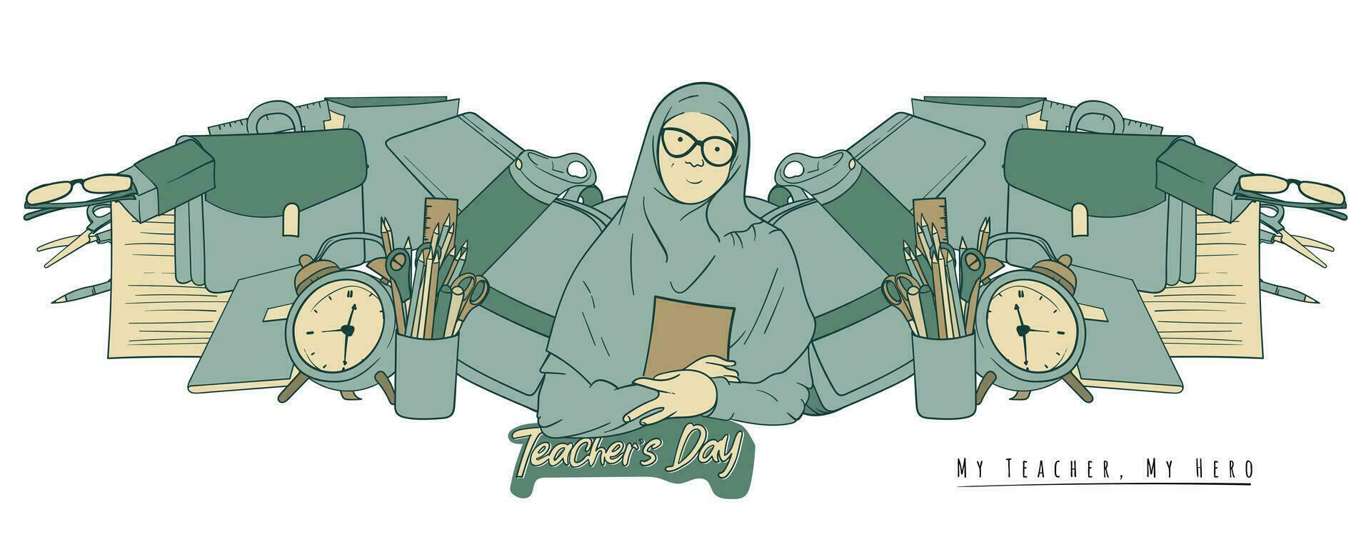 Muslim female teacher with learning tools that form wings design for world teacher's day template vector