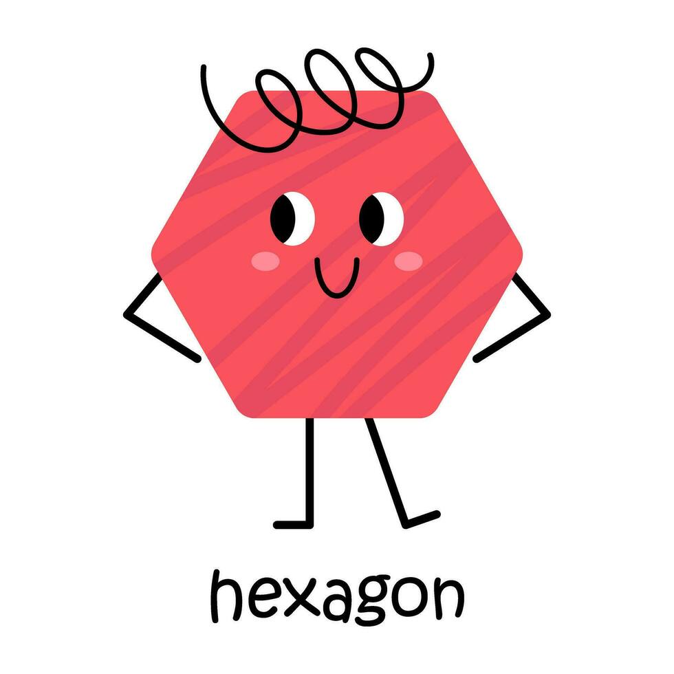 Vector red hexagon character. Cute geometric figure with face, blush and hair. Cute funny smiling polygon shape character for kids and children design. Hexagon poster for school and kindergarten.