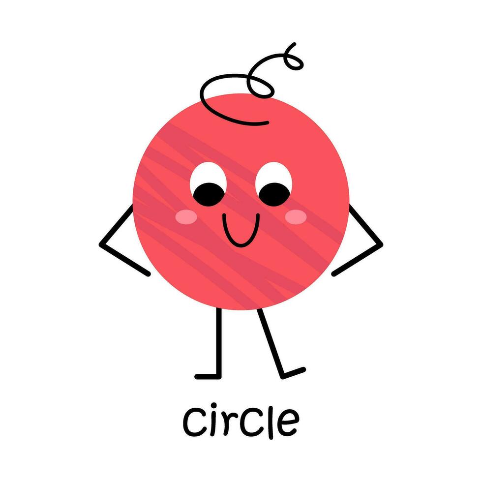 vector rojo circulo forma personaje. linda básico redondo geométrico figura con rostro. linda gracioso sonriente forma personaje para niños y niños. circulo póster para colegio y jardín de infancia.