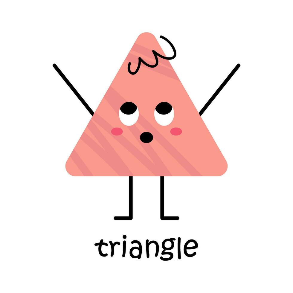 Vector triangle shape character. Cute basic geometric figure with face. Cute funny shape character for kids and children. Triangle poster for school and kindergarten.