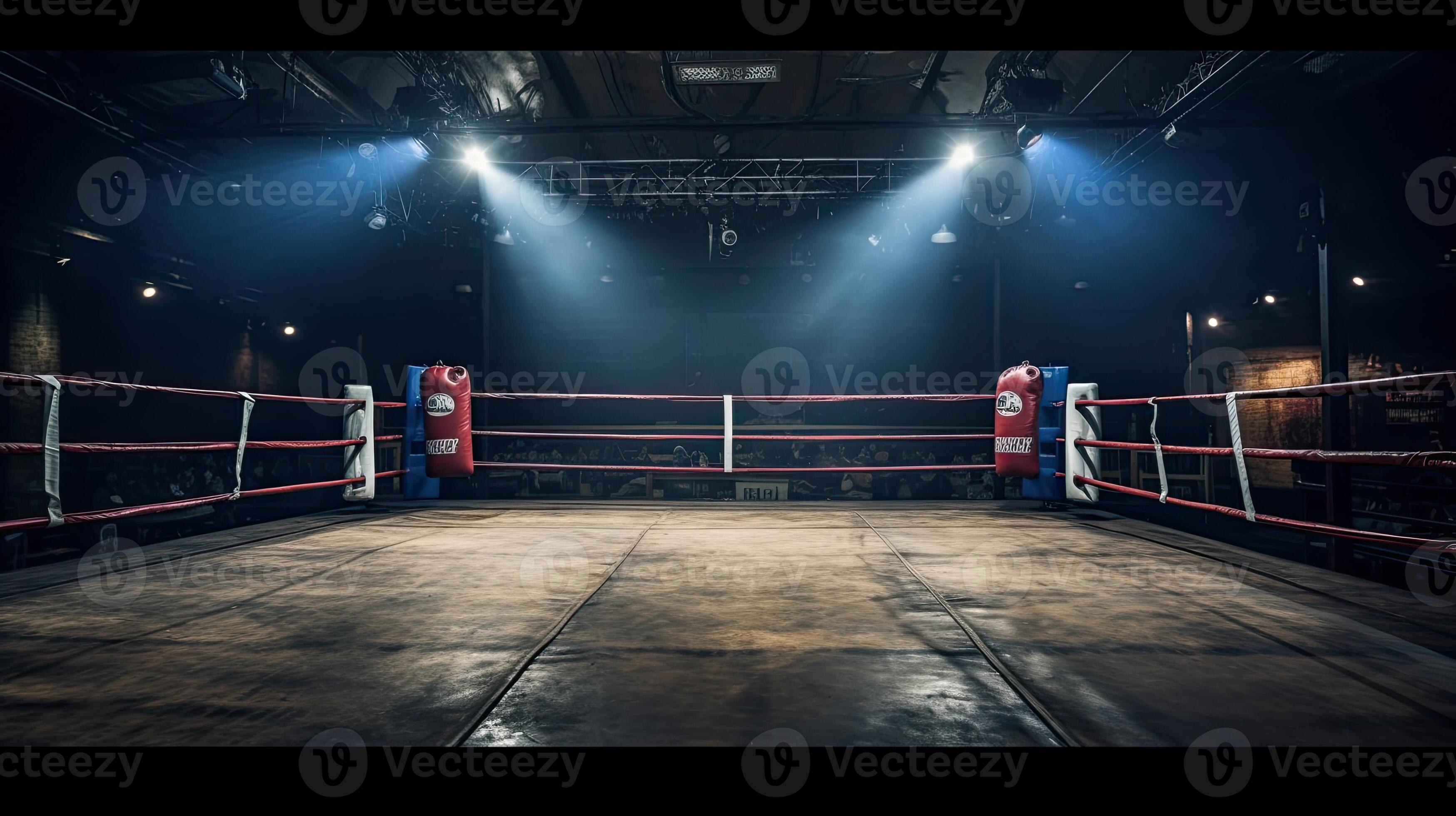 A modern boxing ring was empty with spotlights lit up. Generative Ai
