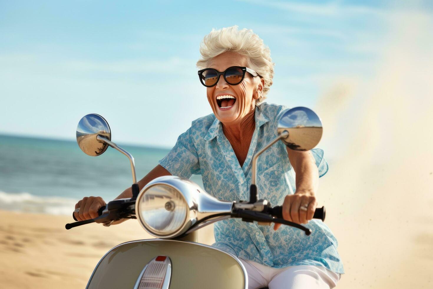 Happy mature woman on scooter, in the style of use of vintage imagery photo