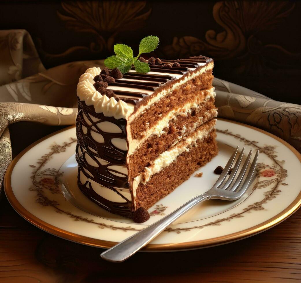 un plato con un pedazo de chocolate pastel foto