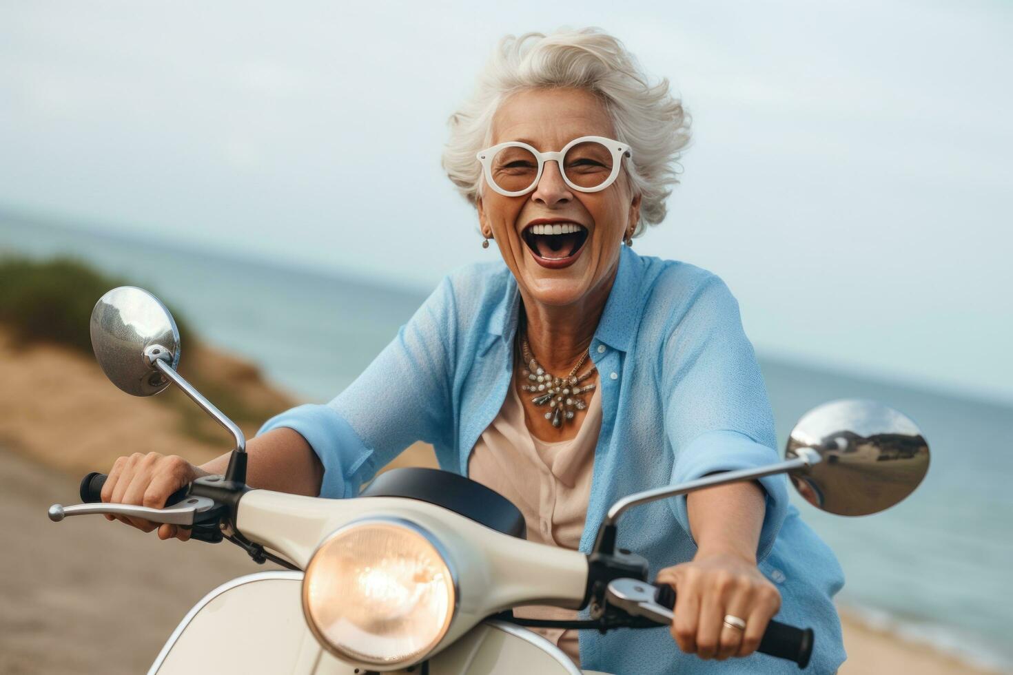 Happy mature woman on scooter, in the style of use of vintage imagery photo