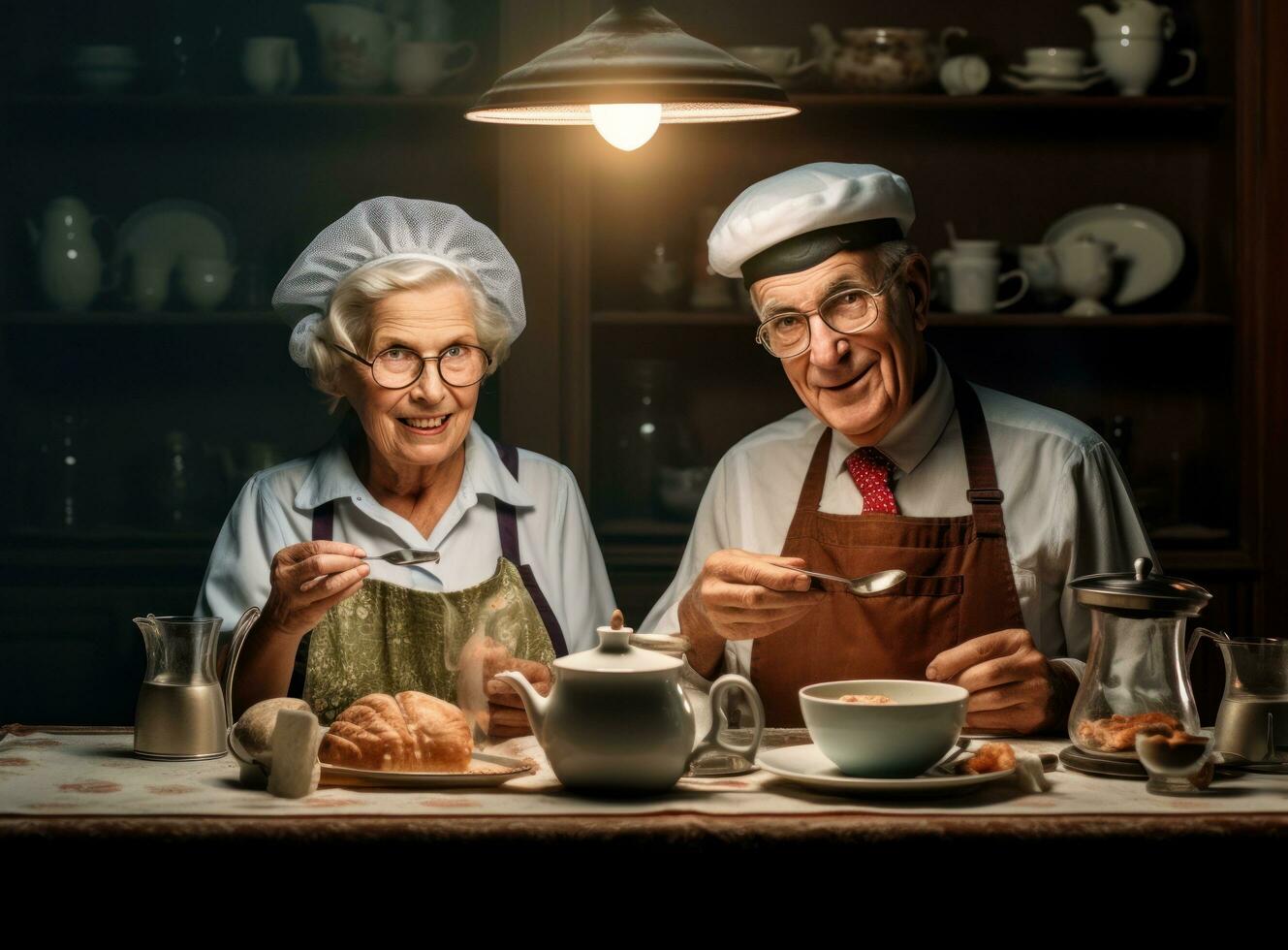 Old couple cooking at the kitchen photo