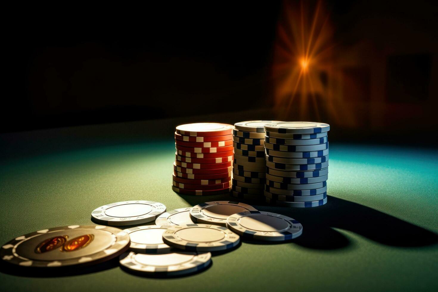 Poker chips sitting on a white table photo