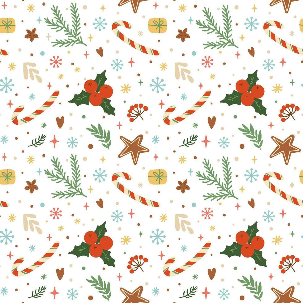 Christmas candy cane pattern, floral leaves, berries, snowflakes, stars, fir branches elements on white background. Vector winter holiday repeat background. Cute xmas wallpaper, wrapping paper, fabric