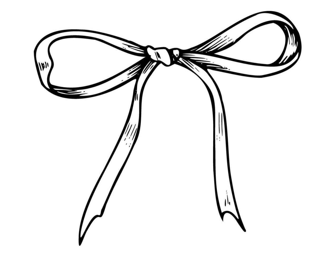 Ribbon with Bow. Hand drawn vector illustration of satin or silk knot on white isolated background for gift or present in line art style. Drawing of ornate textile tape painted by black inks.