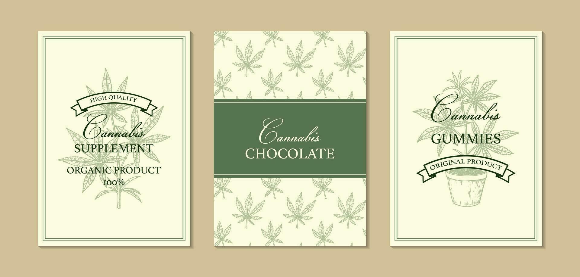 Cannabis vertical design for packaging, social media posts, store decoration, branding, certificates. Marijuana vector illustration in sketch style. Hemp engraved background
