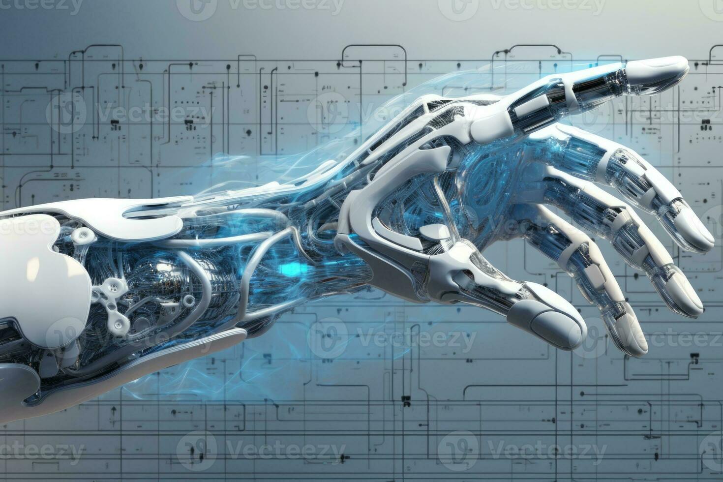Robotic hand touching abstract cyberspace. Generative AI photo