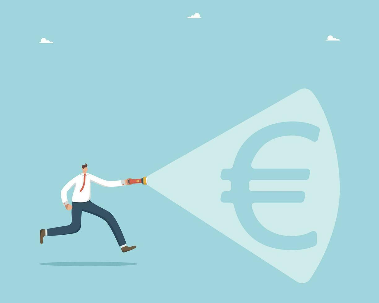 Search for methods for income and salary growth, financial and economic improvement, increase in value of foreign exchange, way to increase business profitability, man shines flashlight on euro icon. vector