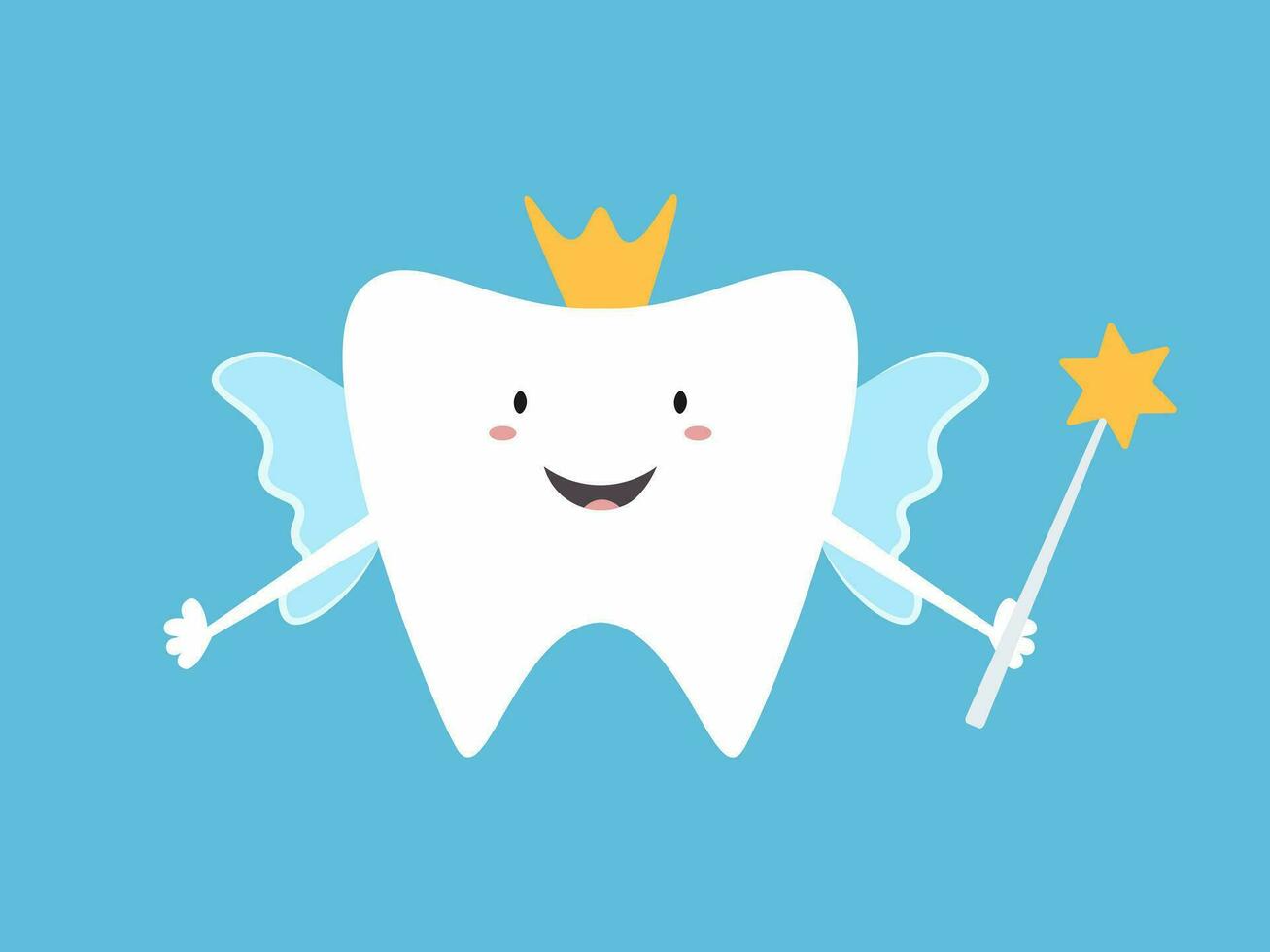 Tooth fairy in the form of a tooth with wings and a magic wand. Vector illustration for banner, postcard, poster