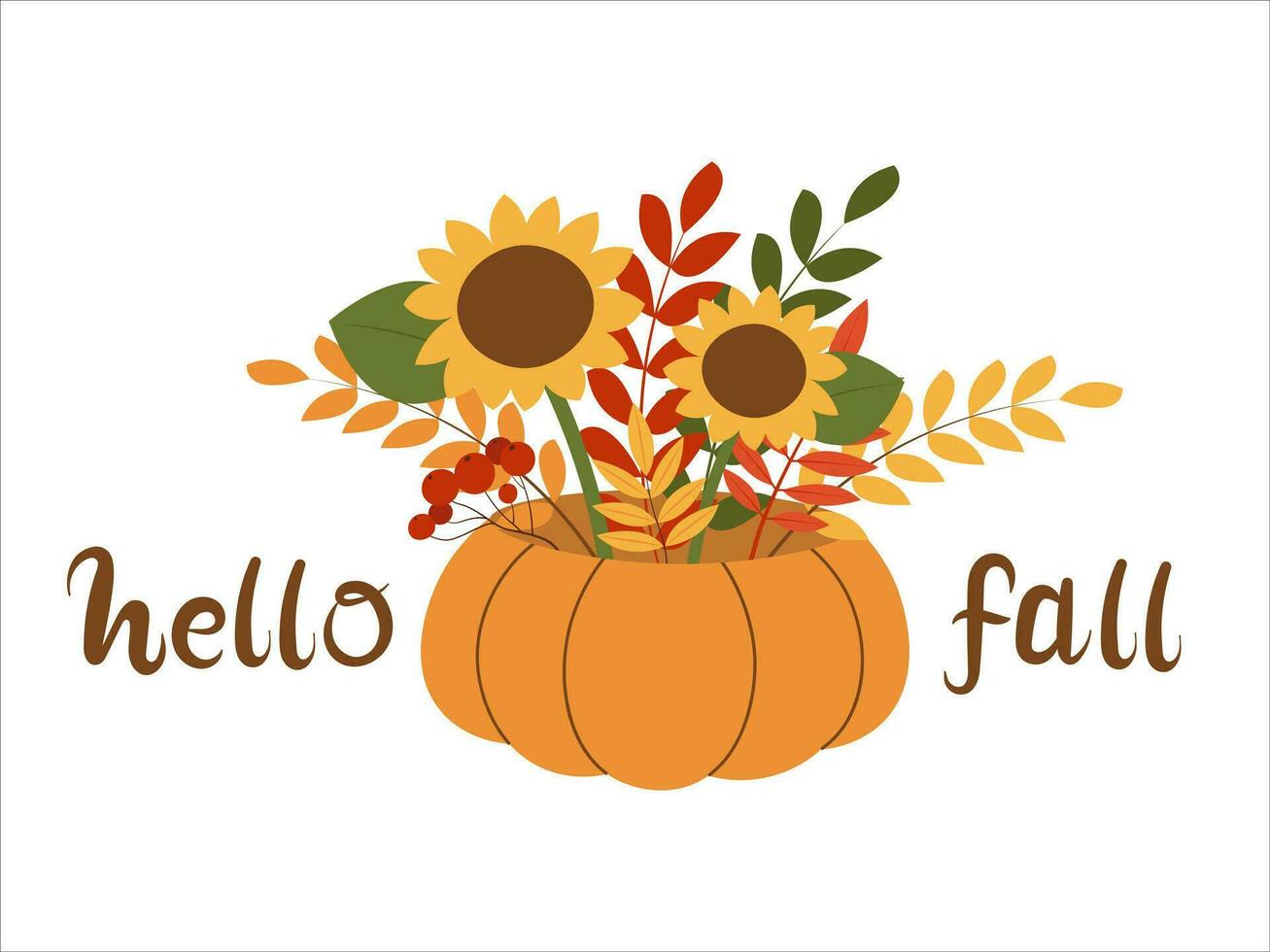 Autumn illustration of pumpkin and flowers. Vector illustration for greeting card