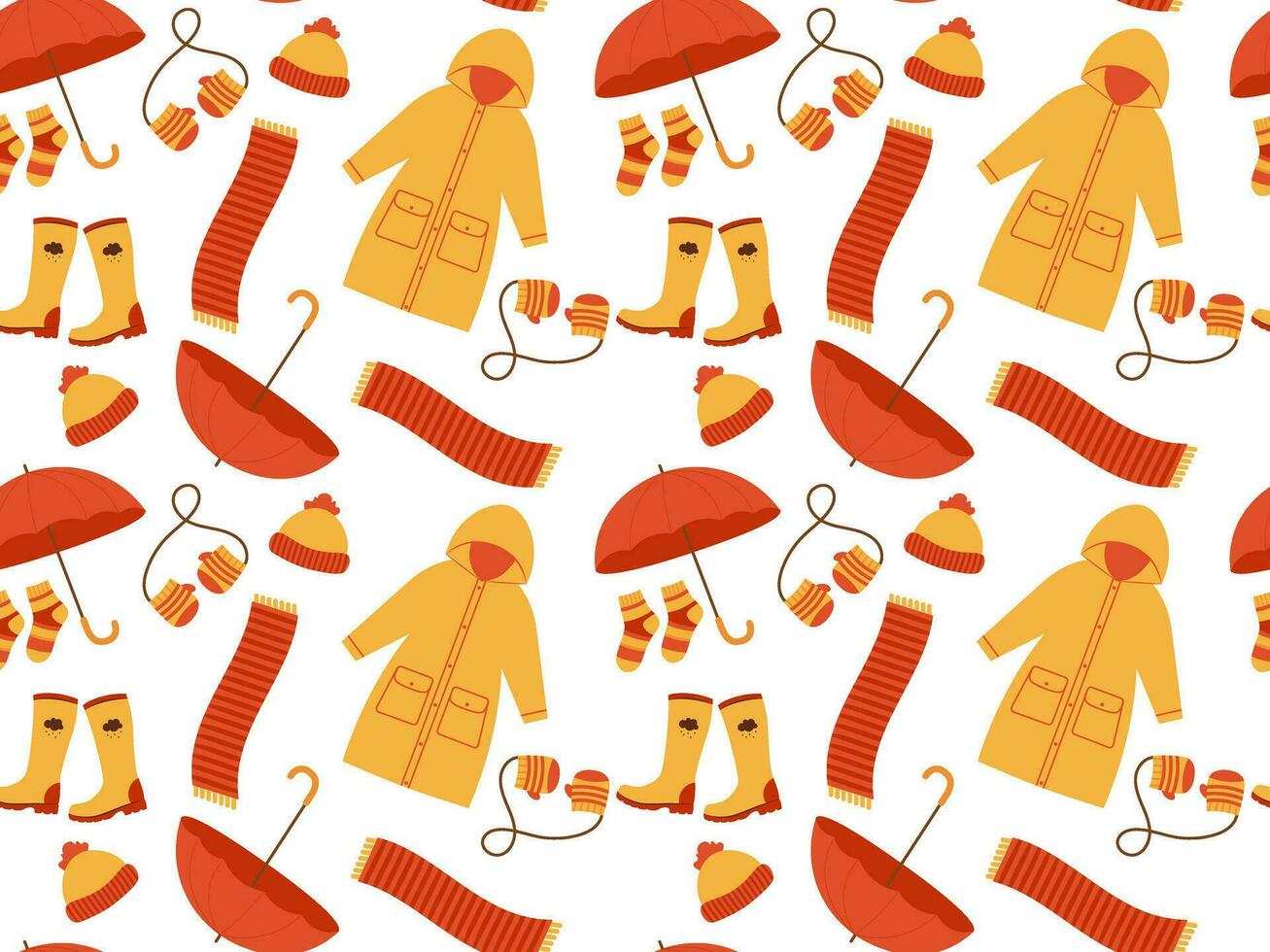 Seamless pattern of autumn bright clothes. Colored vector illustration for fabric design, wrapping paper, clothing