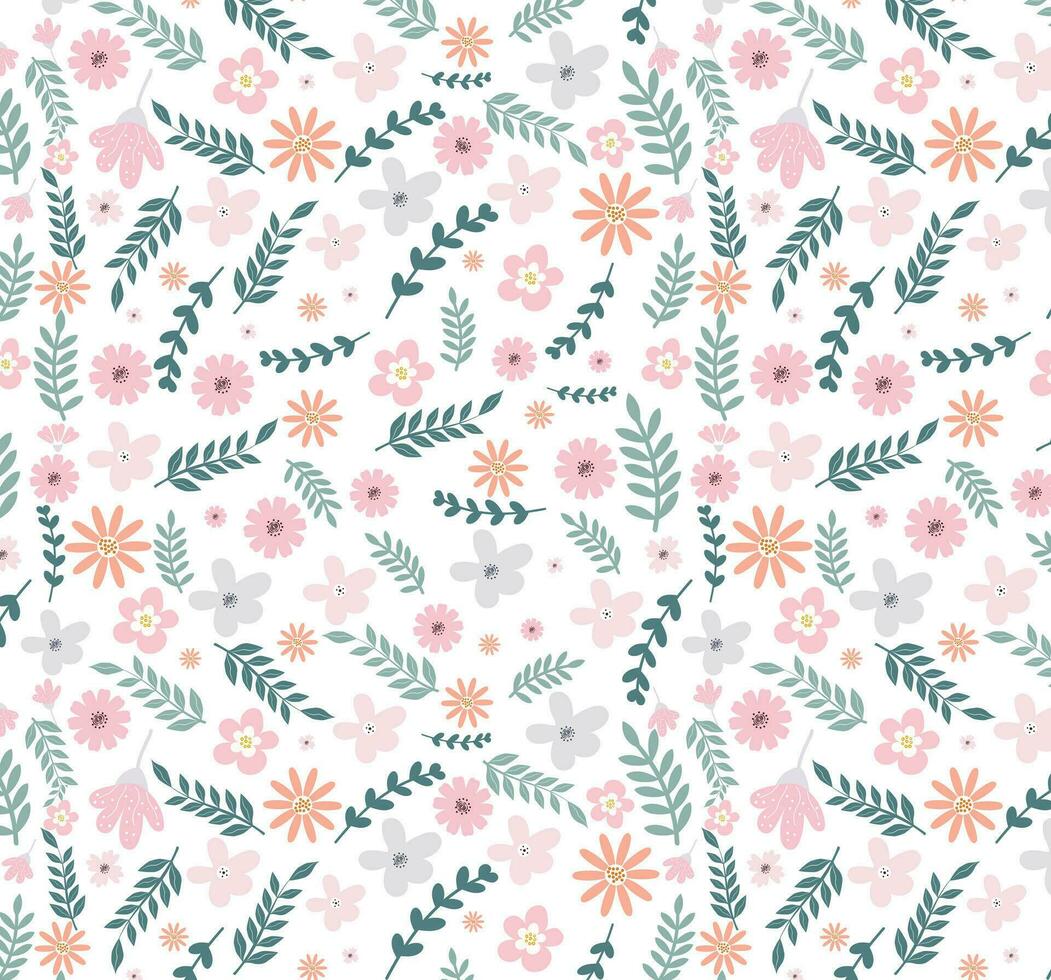 Beautiful seamless vintage floral pattern with flower and green leaves. Vector texture. Trend print for textiles and wallpaper on isolated white background.