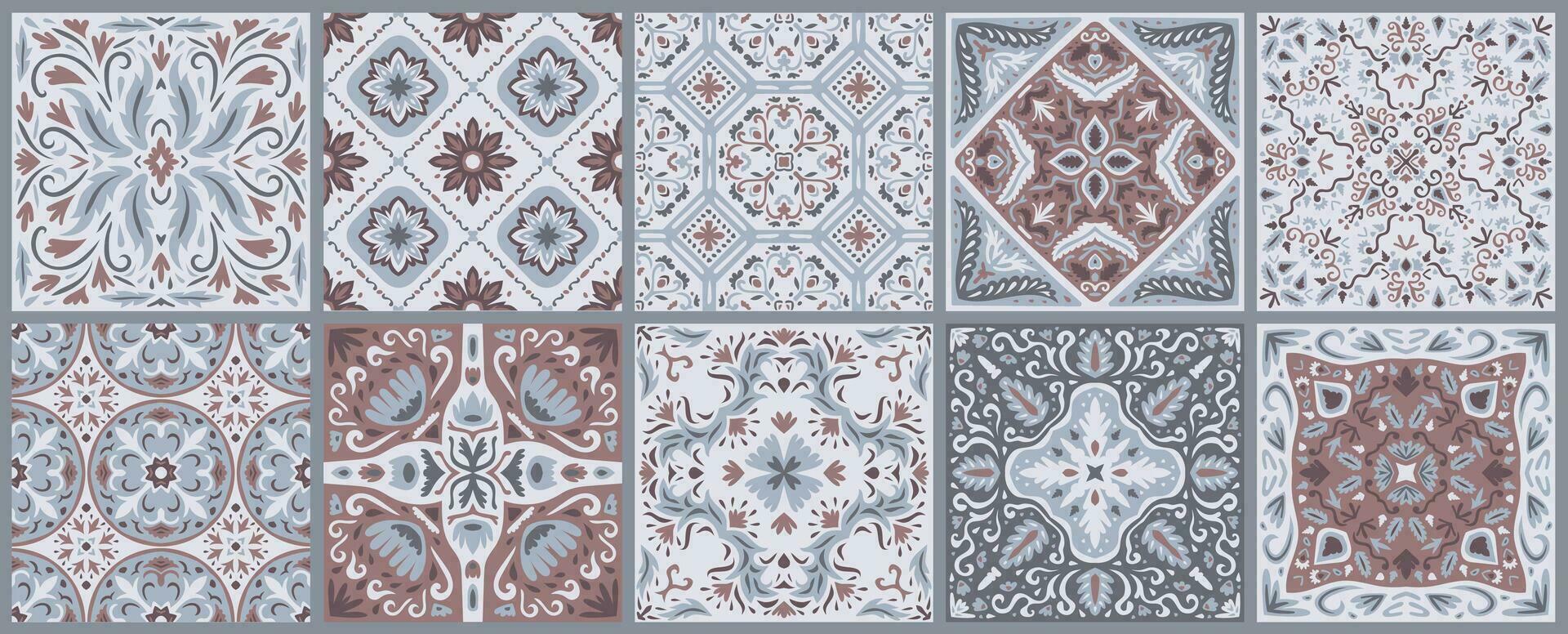 Set of patterned azulejo floor tiles. Collection of ceramic tiles vector