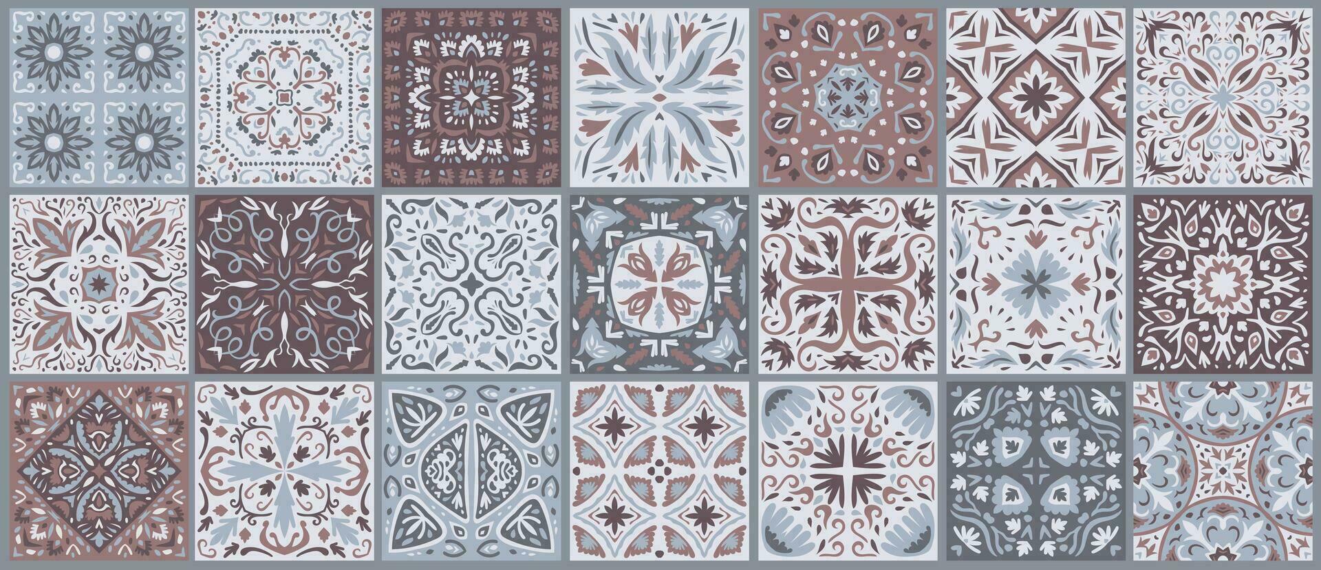 Set of patterned azulejo floor tiles. Collection of ceramic tiles vector