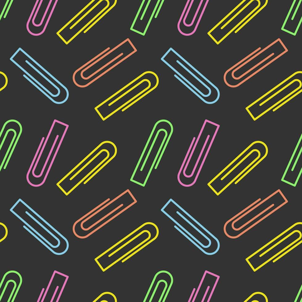 Seamless pattern of bright colorful paper clips on a dark background. Office and school stationery vector