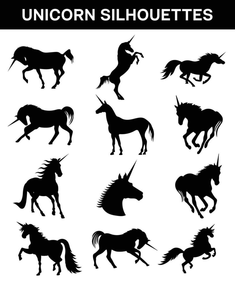 unicorn horses black vector silhouette set