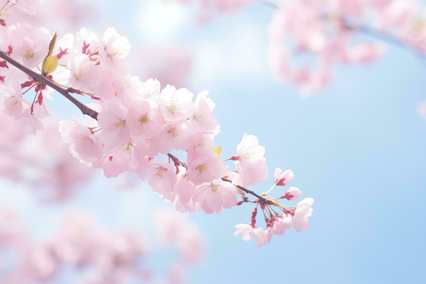 cherry blossom in spring time on blue sky background, soft focus, cherry blossom sakura in spring time, soft background, AI Generated photo