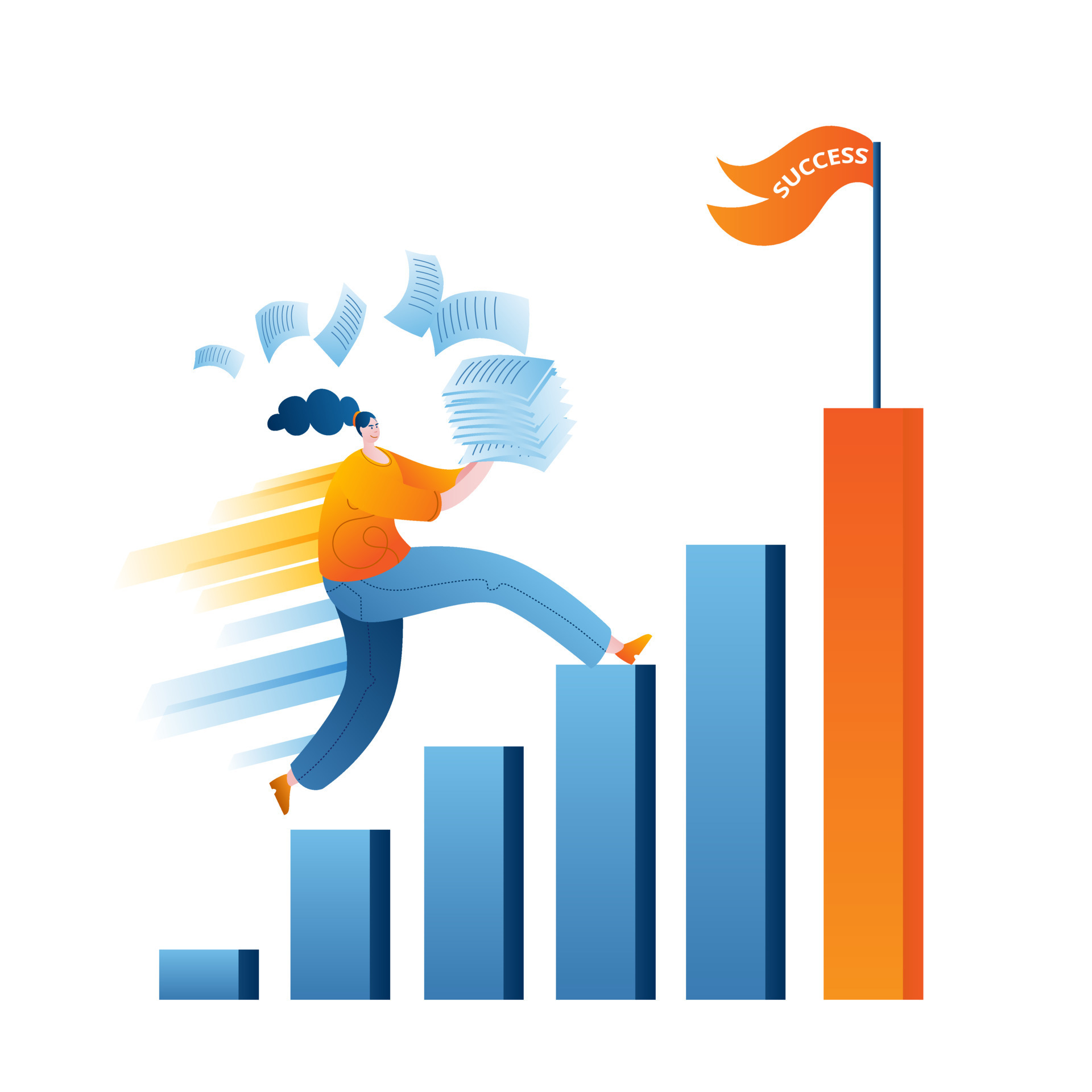 A woman with office papers runs up the career ladder to success