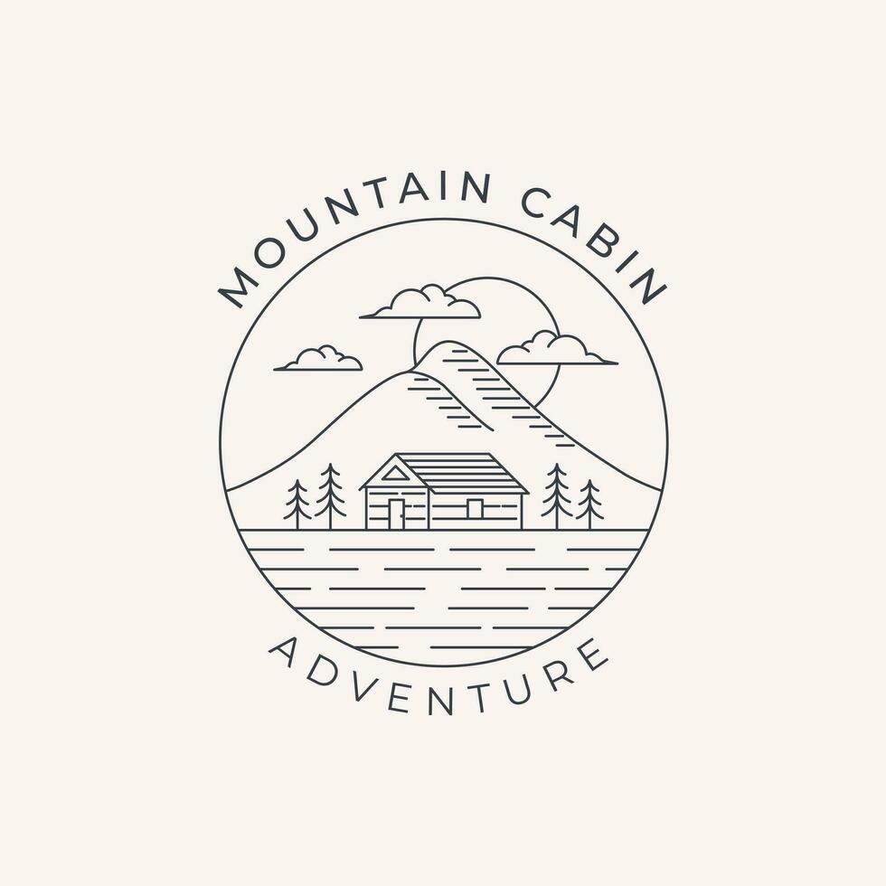 mountain cabin adventure line art vector logo illustration template design