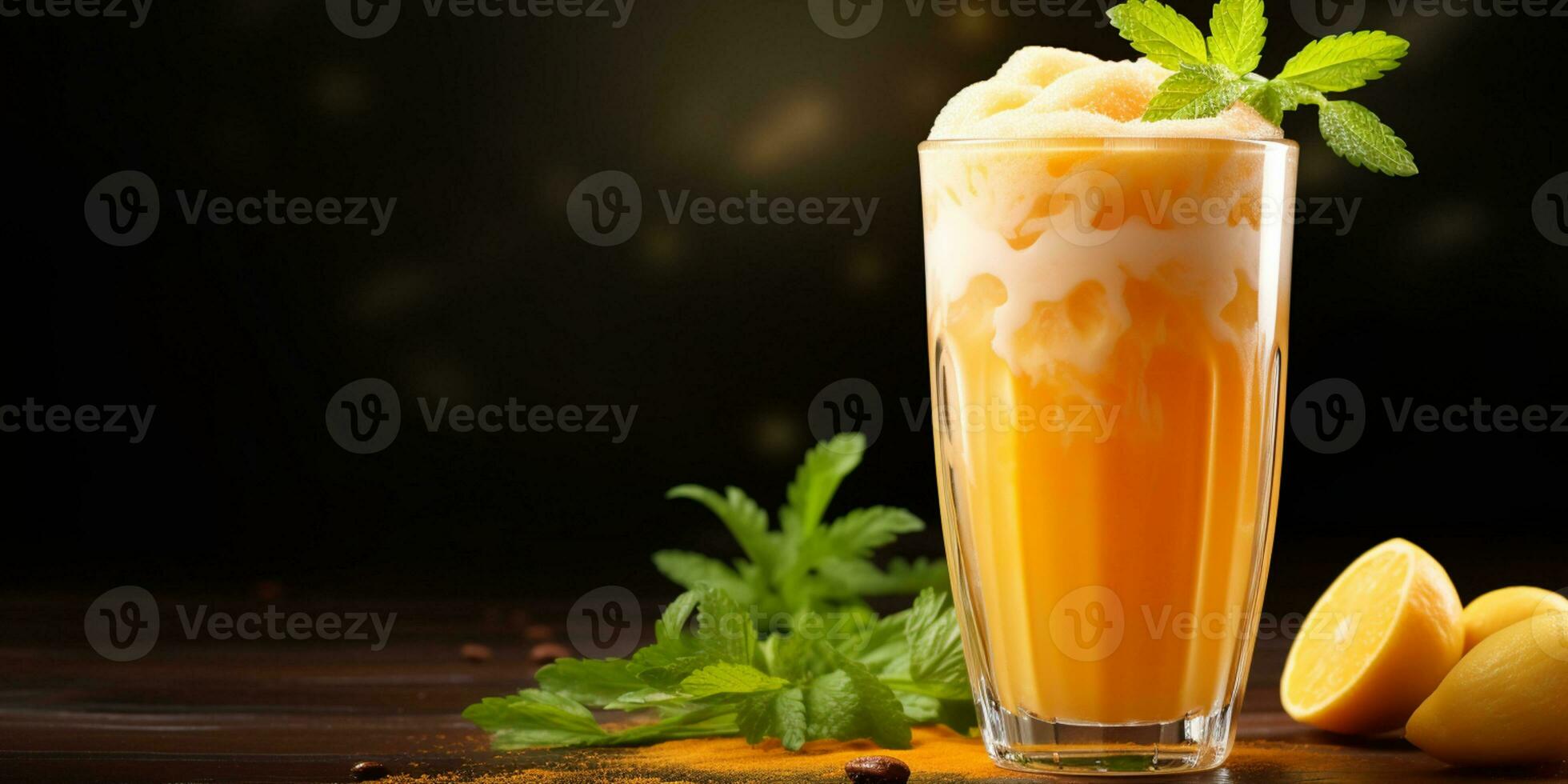 close up of Fresh Carrot Juice with vegetables, isolated on black background, AI Generated photo