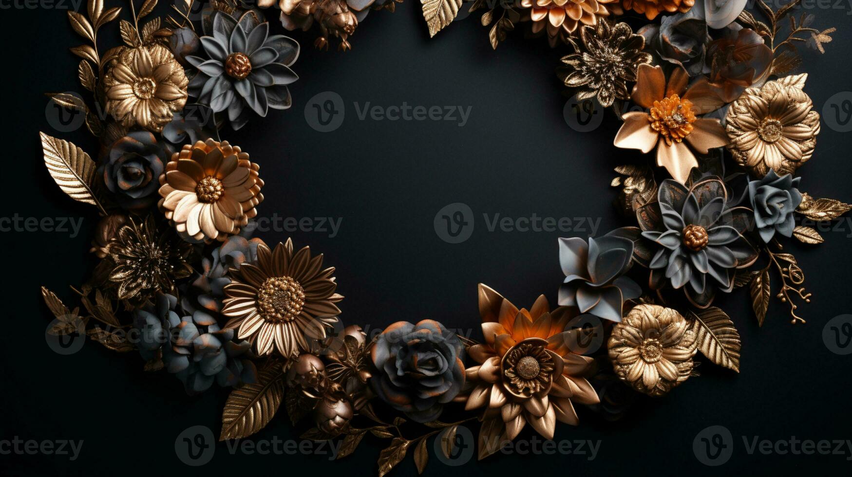 Top view of Blooming colorful wreath flowers and petals isolated on table black background, Floral frame composition, copy space, flat lay, AI Generative photo