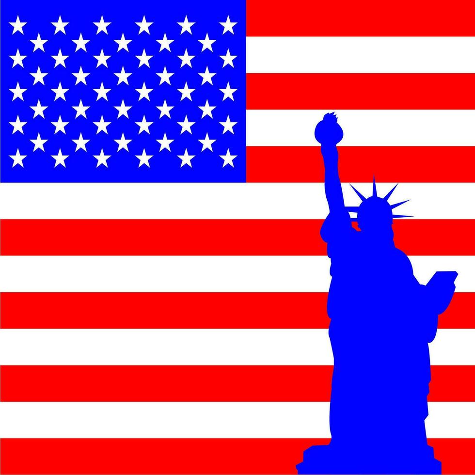 independencia día póster, bandera, volantes, fondo, plantilla, con el saludo, Estados Unidos bandera, decoración, y americano famoso puntos de referencia en el antecedentes. vector
