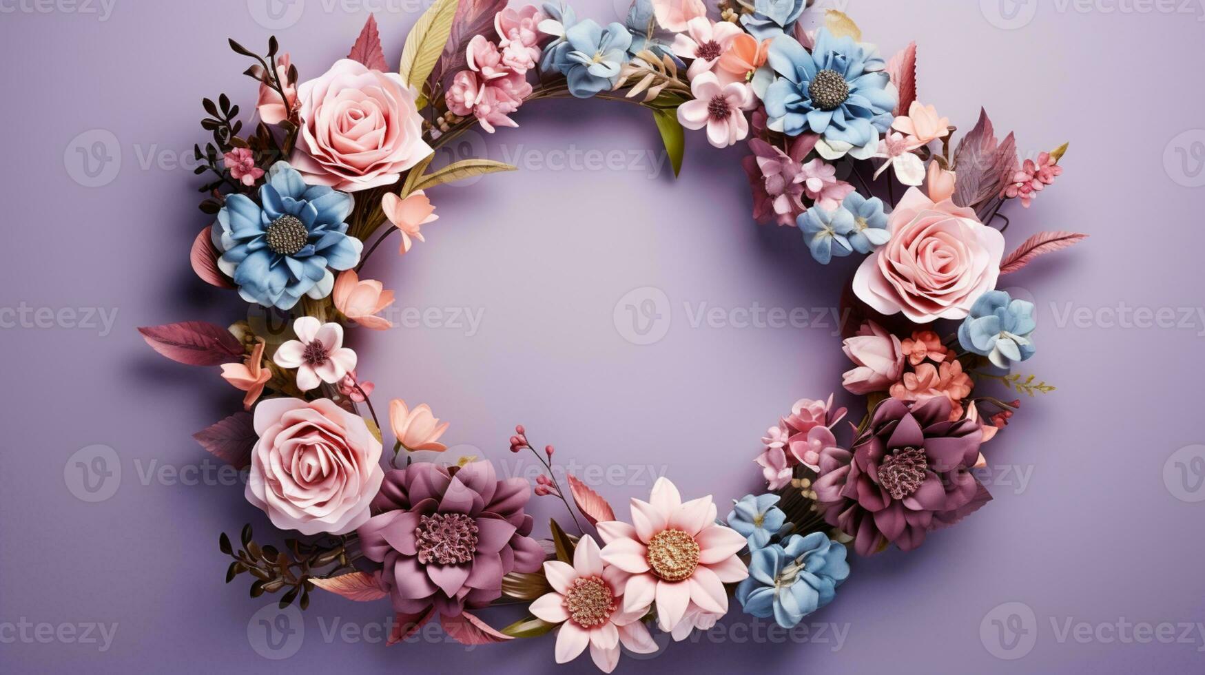 Top view of Blooming colorful wreath flowers and petals isolated on pastel table background, Floral frame composition, copy space, flat lay, AI Generative photo