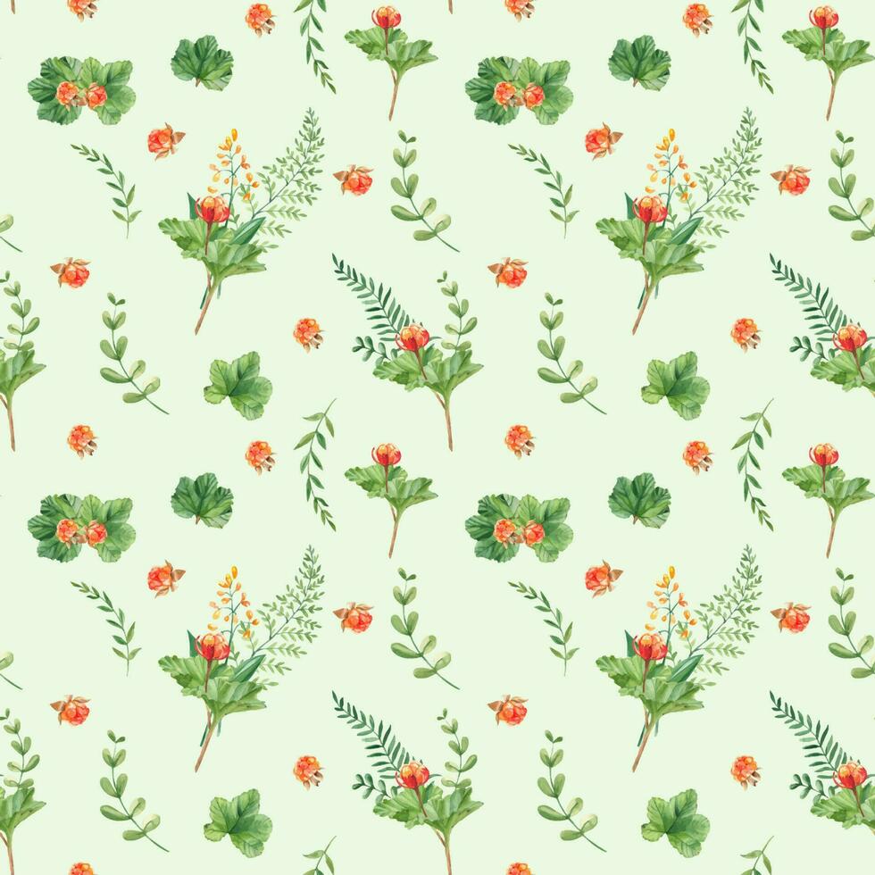 Seamless watercolor pattern with cloudberry leaves and berries, fern, green branches, yellow wildflowers. Botanical summer hand drawn illustration. Can be used for gift wrapping paper, kitchen textile vector