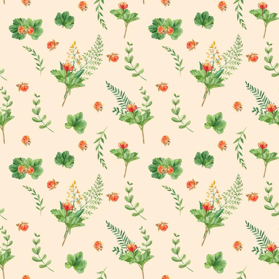 Seamless watercolor pattern with cloudberry leaves and berries, fern, green branches, yellow wildflowers. Botanical summer hand drawn illustration. Can be used for gift wrapping paper, kitchen textile vector