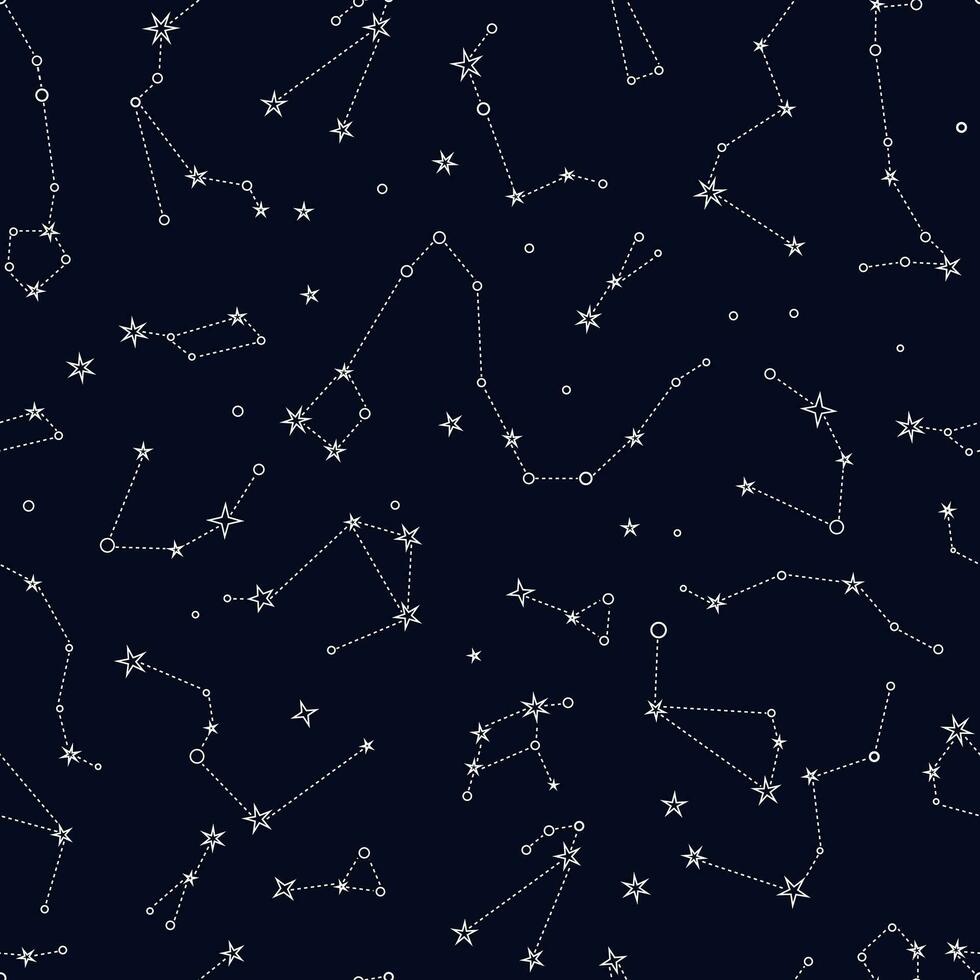 Starry night sky vector seamless pattern. Constellation map of Milky Way. Mystical esoteric background for design of fabric, packaging, astrology, phone case, yoga mat, notebook covers, wrapping paper