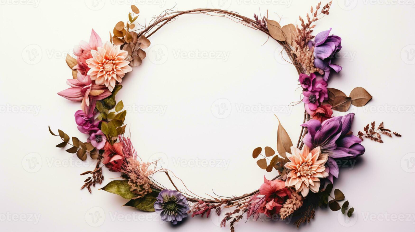 Top view of Blooming colorful wreath flowers and petals isolated on white table background, Floral frame composition, copy space, flat lay, AI Generative photo