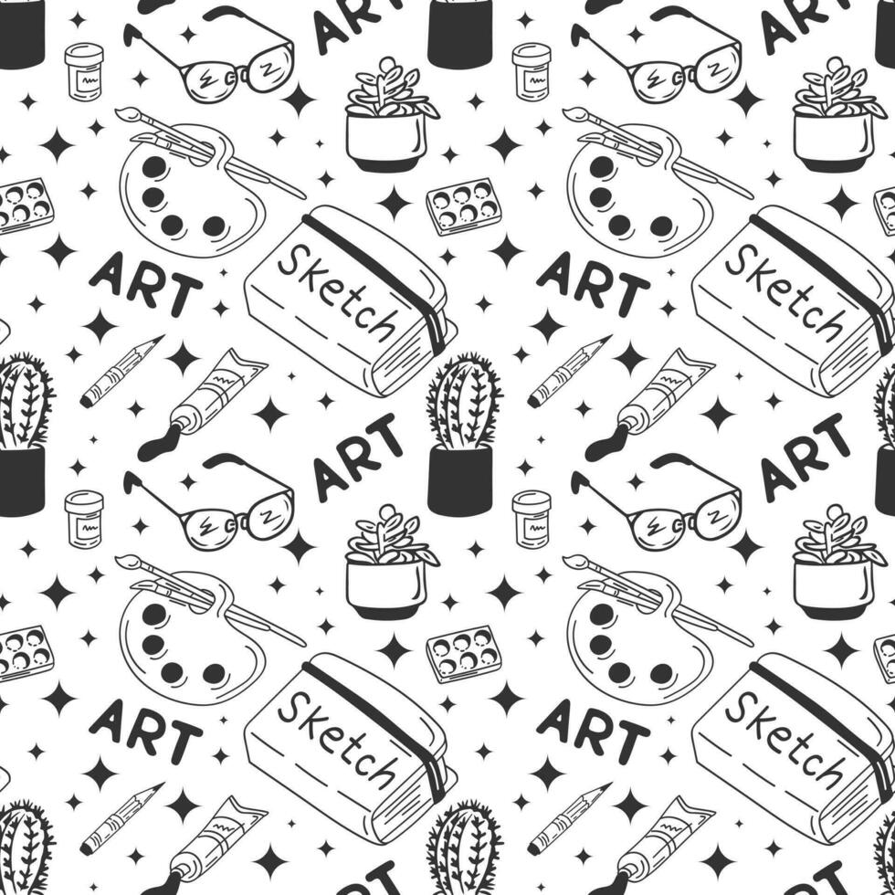 Flat doodle seamless pattern with art stationary. Minimalistic sketch unique design. Grey isolated art elements on white background. Good for decoration, textile, wrapping paper, background vector