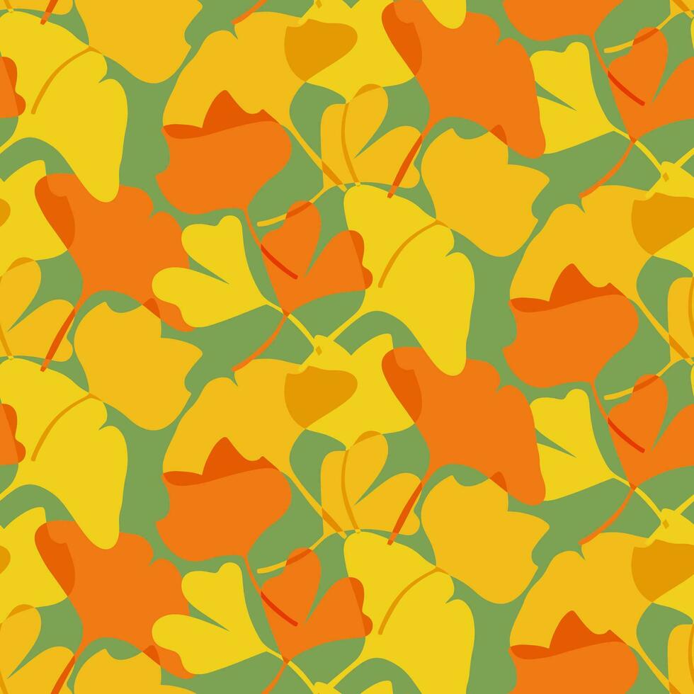 Vibrant transparent ginkgo leaves semless pattern. Flat vector simple design. Hand drawn silhouette bright autumn leaves. Goood for decoration, textile, wrapping paper, social media design