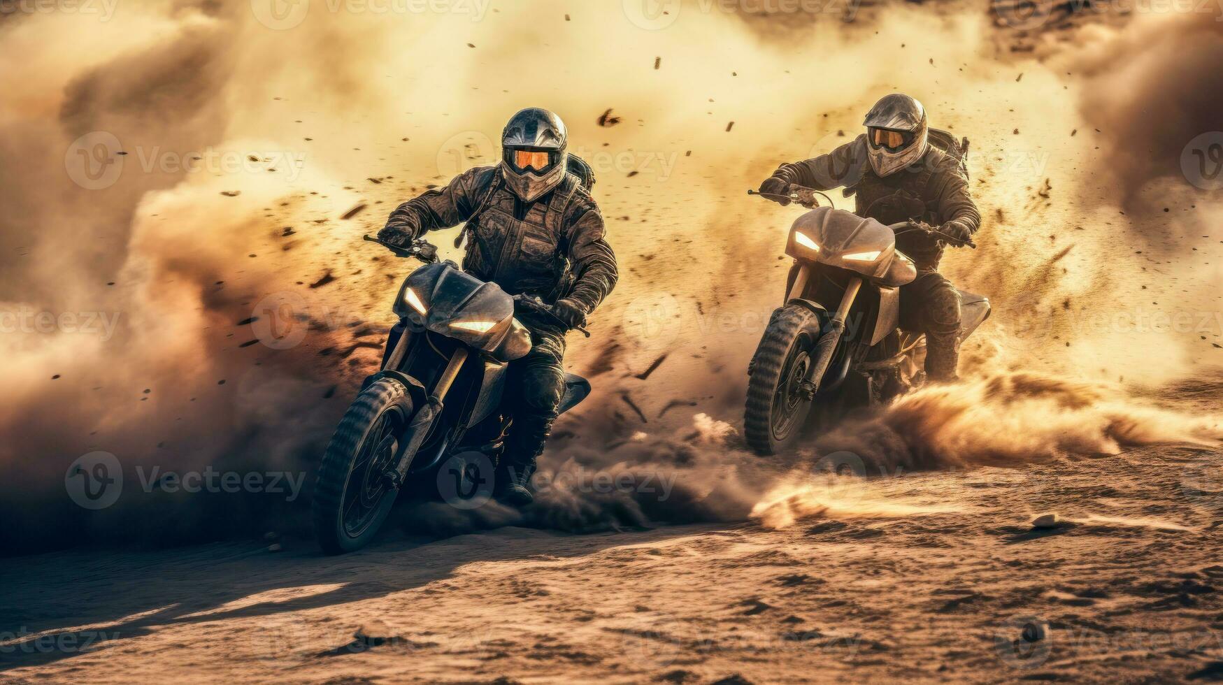 Extreme Sport Two Riders on Dirt Bikes in a Sunset Adventure AI Generative photo