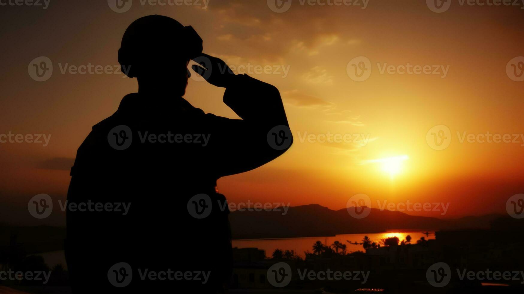 silueta de un soldado saludando el Dom en un hermosa puesta de sol ai generado foto